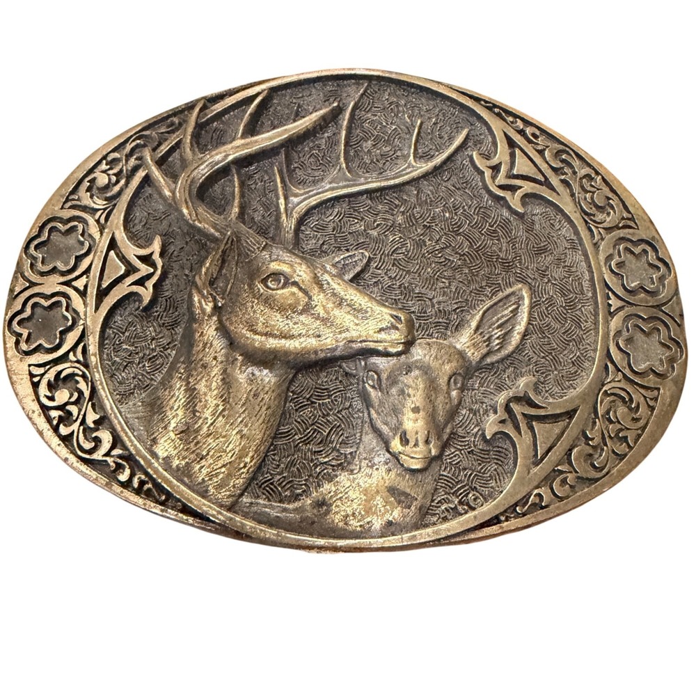 Vintage Solid Brass Buckle Deer & Doe Oval By Award Design Medals USA Hunter